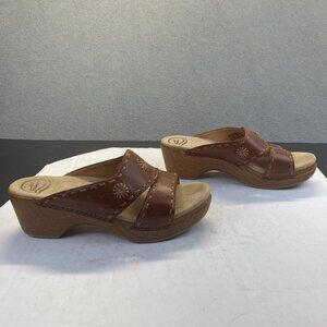 Dansko Sunny Summer Floral Brown Leather Sandals SlipOn Wedge Wms Size 39/US 8.5